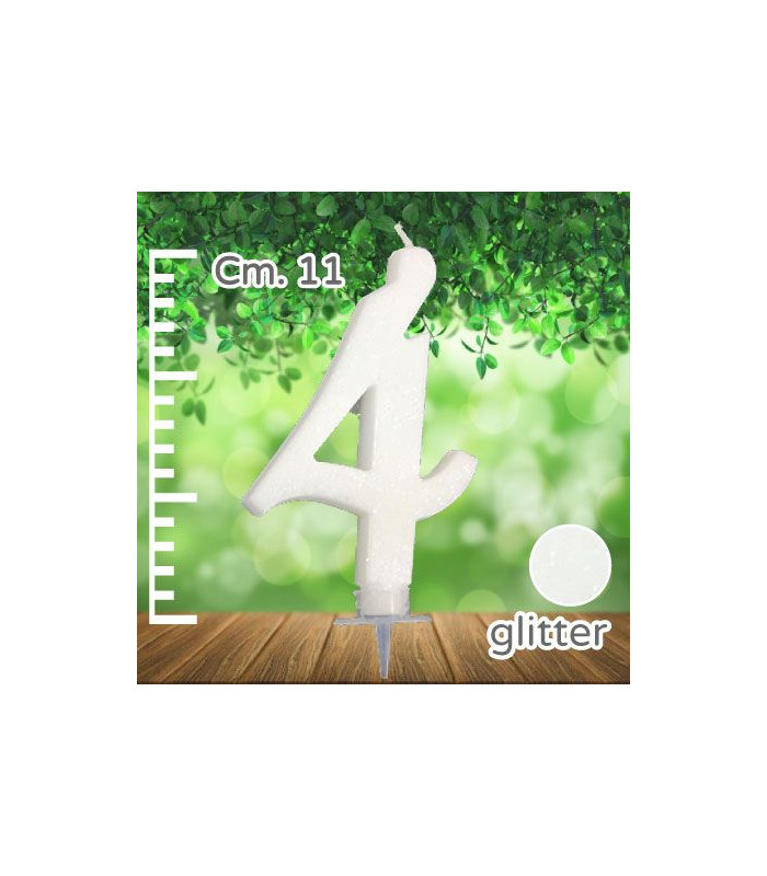 Candelina numero 4 glitter bianco per compleanno